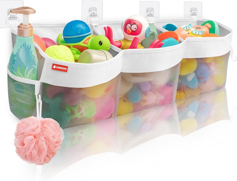 UNEEDE 4.95 Gallons 3 Compartment Horizontal Bath Toy Storage,Bathtub Toy Storage Organizer,Bath Toy Holder For Bathtub,Baby Bath Toy Organizer For Tub,Mesh Shower Caddy(Gray) - Image 1